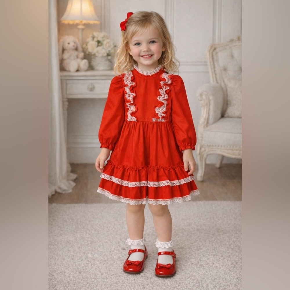 Vintage Winnie the Pooh long sleeve ruffled dress with lace prairie made in USA